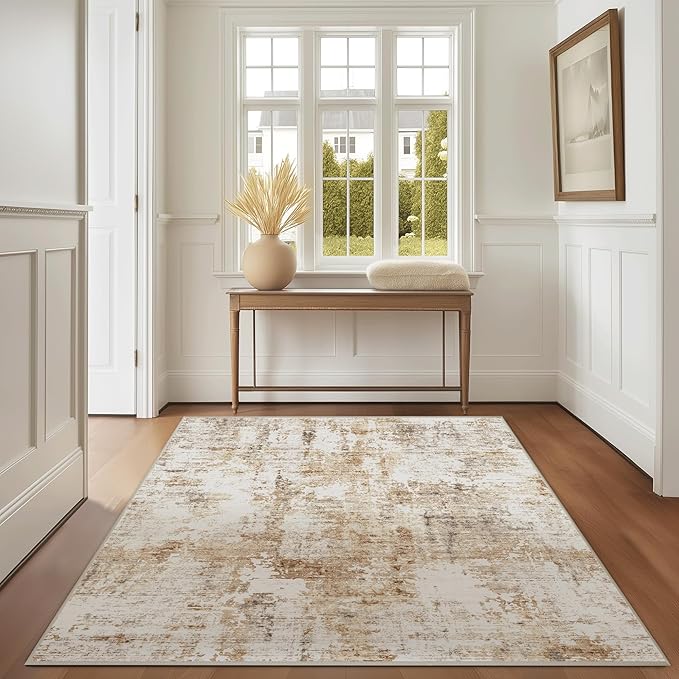FMFUNCTEX 3x5 Washable Area Rug Abstract Modern Neutral Brown Grey Non Slip Soft Low Pile Thin Accent Entryway Entrance Indoor Carpet for Living Room Bedroom Dining Office Nursery Bedside, Grey Gold