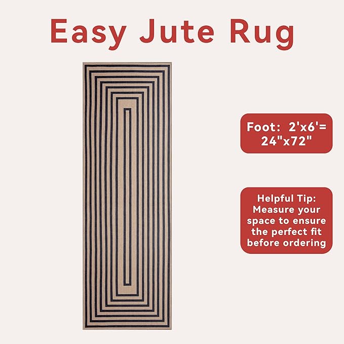 Tangsoo Easy Jute Rug 2x6 Washable Runner Rug for Hallways,Non-Slip Black Geometric Thin Outdoor Rug,Modern Farmhouse Carpet for Porch Laundry Bedroom Living Room Entryway