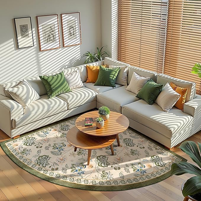 jinchan Elora Floral Corner Rug for Kitchen Washable Nursery Rug Vintage Romance Design Non Slip Quarter Circle Lightweight Low-Pile Throw Carpet for Playroom Reading Nook, 5ft Radius, Green/Beige