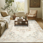 jinchan Vintage Floral 5x7 Area Rugs - Machine Washable Distressed Design Soft Ultra-Thin Low-Pile Non-Slip Carpet for Kitchen Bedroom Nursery Living Room Dining Room Home Office (5x7ft, Light Grey)