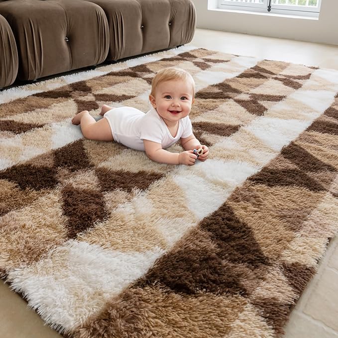 4x6 Area Rugs for Living Room Bedroom, Soft Fluffy Shaggy Bedside Rug, Indoor Floor Carpet for Kids Playroom, Dorms, Nursery Rooms, Home Decor (Coffee Ombre 4'x6')