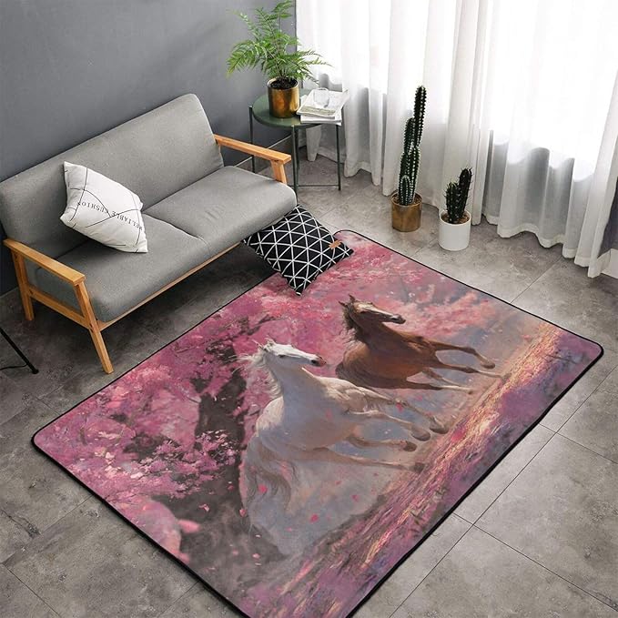 Galloping Horse Cherry Blossom Area Rug Washable Outdoor Rugs Anti-Slip Soft Carpet Entryway Indoor Door Mat for Bedroom,Living Room,Porch,Terrace and Entrance Decor 8'x 5'
