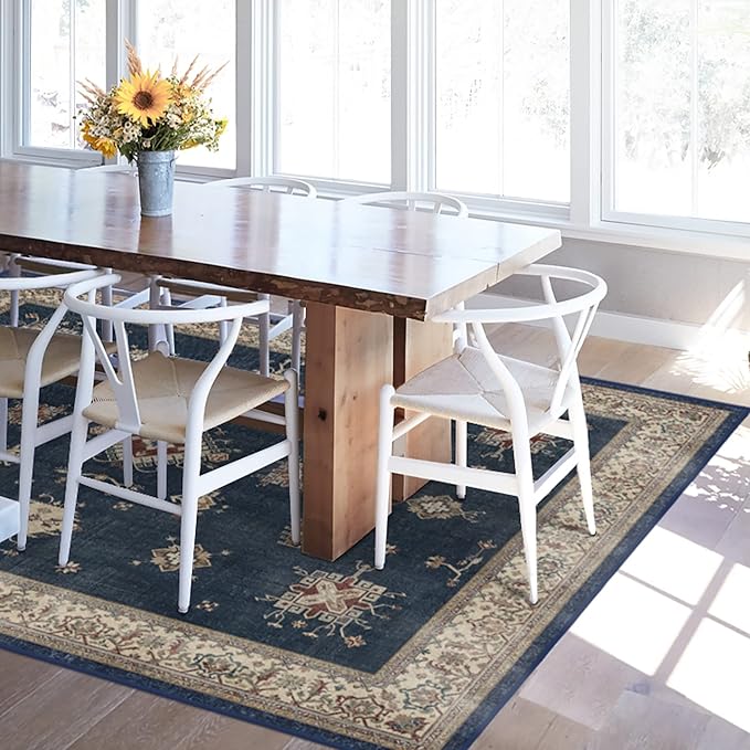 RUGGABLE Washable Vintage Area Rug – Verena Sapphire 5x7, Stain-Resistant, Non-Slip – Medium Machine Washable Rugs for Living Room, Bedroom, Hallway, Entryway & Office–with Standard Pad