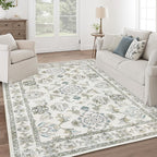 8x10 Washable Area Rugs Beige and Sage Green Vintage Boho Floral Farmhouse Rug for Living Room Bedroom, Non Slip Low Pile Carpet