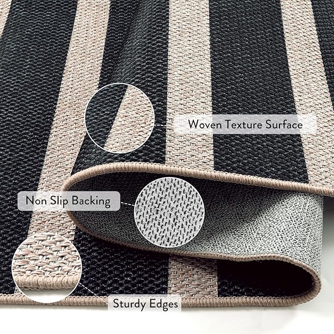 Lahome Striped Easy Jute 3x5 Outdoor Patio Porch Rug, Washable Rugs for Entryway Geometric Indoor Outdoor Living Room Carpet, Farmhouse Neutral Non Slip Black Carpet for Backyard Bedroom
