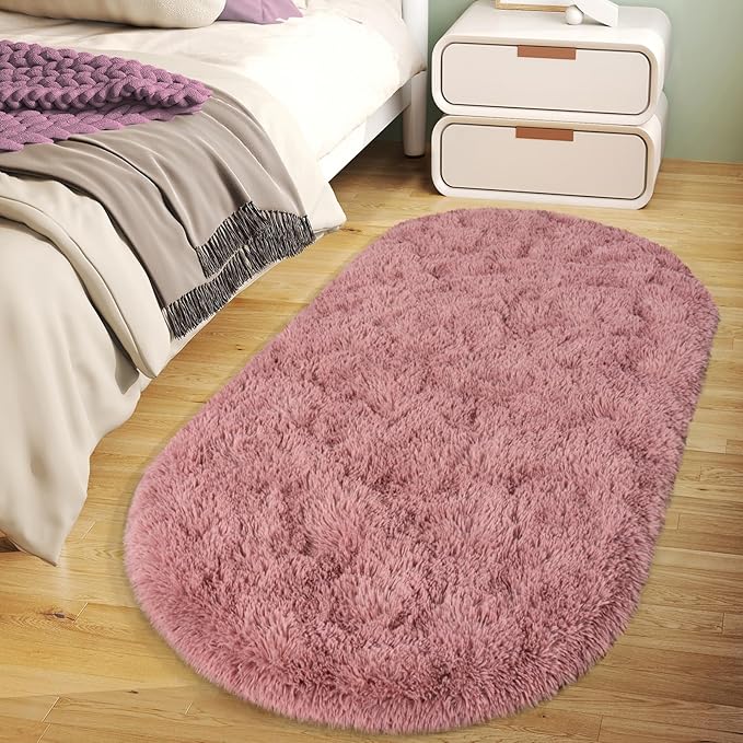 Soft Fluffy Area Rug for Bedroom, Blush Pink Fuzzy Shaggy Oval Throw Rugs for Bedside, Non-Slip Cozy Plush Shag Carpet for Girls Kids Room Nursery Dorm Living Room, 2.6 x 5.3 Feet