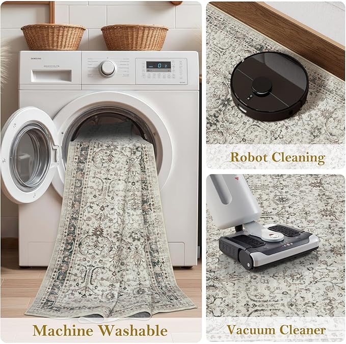 Moynesa Grey Rugs for Living Room 8x10, Vintage Washable Area Rug for Bedroom Dining Room Office, Low Pile Soft Non-Slip Retro Neutral Carpets for Kitchen Indoor Nursery