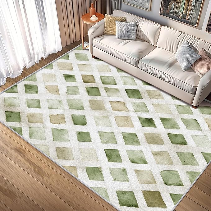 Checkered Rug, Washable 4x5 Rug for Living Room, Geometric Rhombus Patterned Indoor Carpet, Checkered Decor for Home, Bedroom, Soft Non Slip Thin Design FER35