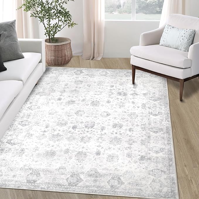 Washable 4×6 Area Rugs for Living Room, Vintage Floral Rug Soft Non Slip Stain Resistant Boho Carpet for Bedroom Dinning Room Kitchen Home Office Grey