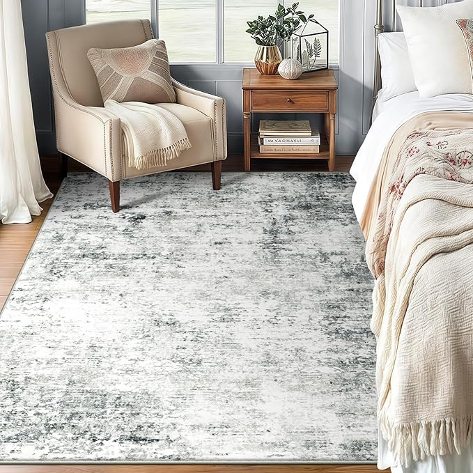5x7 Machine Washable Area Rug for Living Room, Grey Modern Vintage Abstract Rug Large Non-Slip Low Pile Soft Faux Wool Carpet, Kids and Pets Friendly for Bedroom Dining Room Farmhouse Home Decor Rug