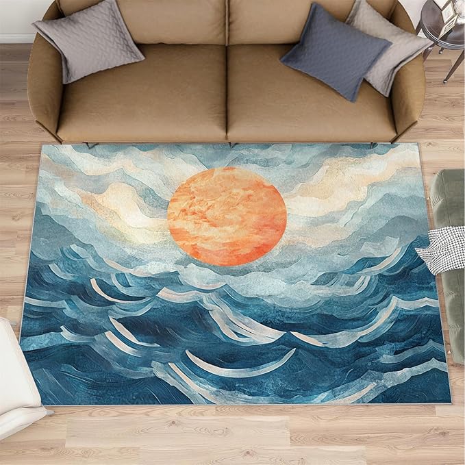 Boho Sun Area Rugs 8x10ft, Mosaic Sunburst Area Rug for Living Room, Abstraction Deco Modern Rug with Double Sided Carpet Tape for Bedroom Men Room Decor