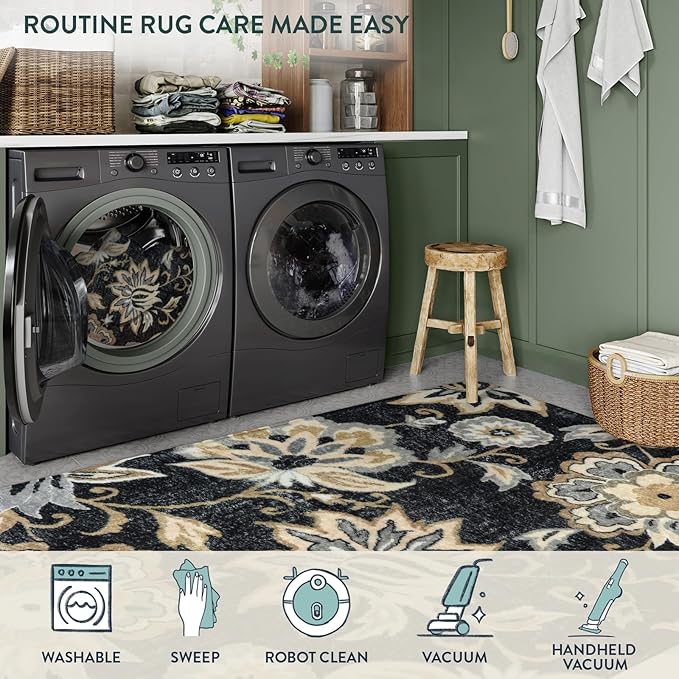 Lahome Floral 2x5 Washable Rug Runner - Black Entryway Kitchen Runner Rug Non-Slip Ultra-Thin Stain Resistant, Paisley Print Accent Carpet for Hallway Bedroom Laundry Living Room