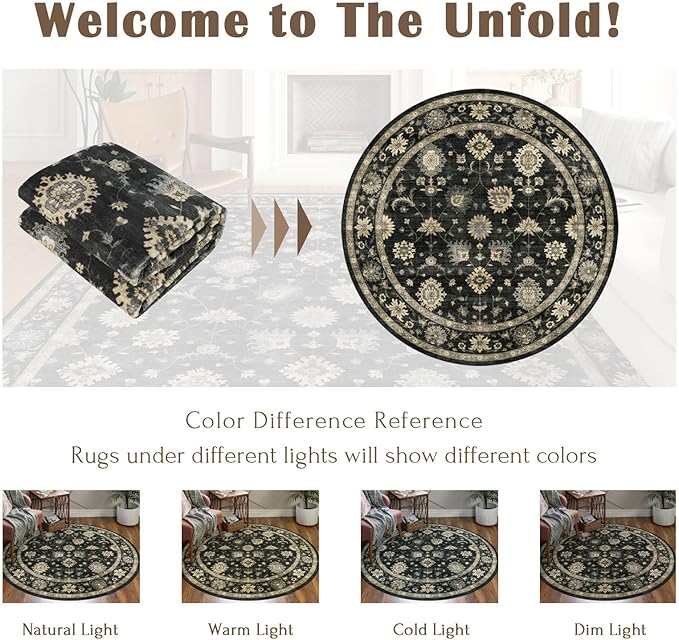 Washable Round Area Rug 4ft - Charcoal Black Traditional Floral Living Room Circle Rug 4x4 Non-Slip Farmhouse Carpet Soft Vintage Boho Round Rugs for Bedroom Bathroom Kitchen Entryway