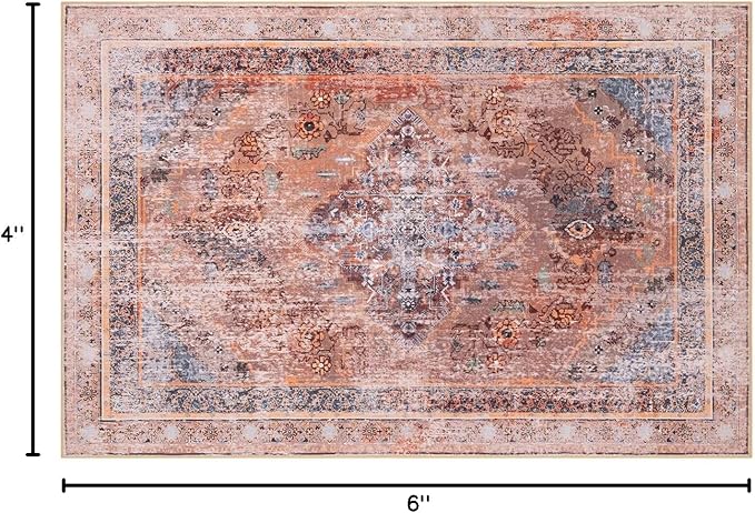 Phantoscope Washable Area Rug 4'x6' Non-Slip, Vintage Neutral Fall Rugs for Living Room, Bedroom, Dining Room, Distressed Boho Medallion Pattern, Low-Pile Foldable Floor Carpet, Rust Orange