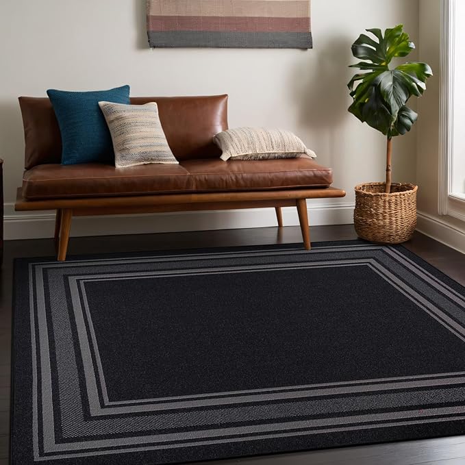 Beverly Rug Non Slip Area Rugs 5x7 Modern Bordered Non Skid Rubber Backing Soft Area Rug for Living Dining Room Easy to Clean Non Shedding Kitchen Bedroom Indoor Carpet 5 x 7 Black