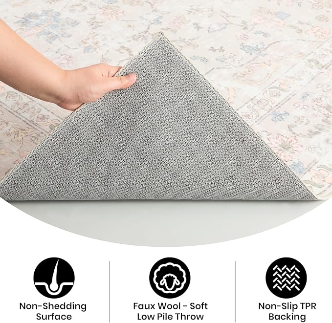 Area Rug – 6x9 Washable Ultra-Soft Vintage Boho Faux Wool Carpet for Living Room, Dining Room, Bedroom, Home Office (Beige)