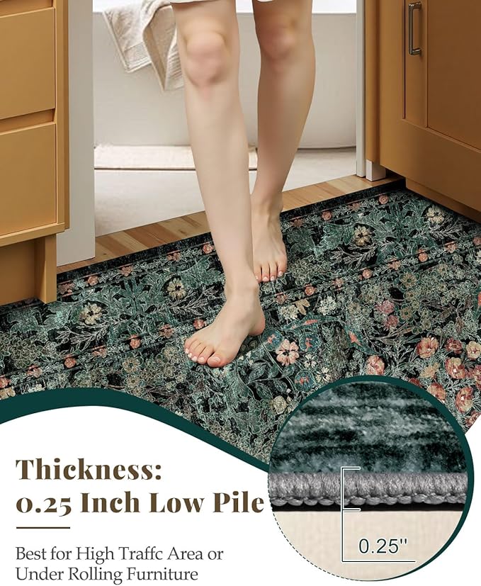 Boho Floral Washable Entry Small Rug, 2x3 Dark Green Distressed Kitchen Throw Rug - Soft Cottagecore Botanical Floor Mat for Bathroom, Laundry, Front Door, Indoor Entrance with Low Pile, Non Slip