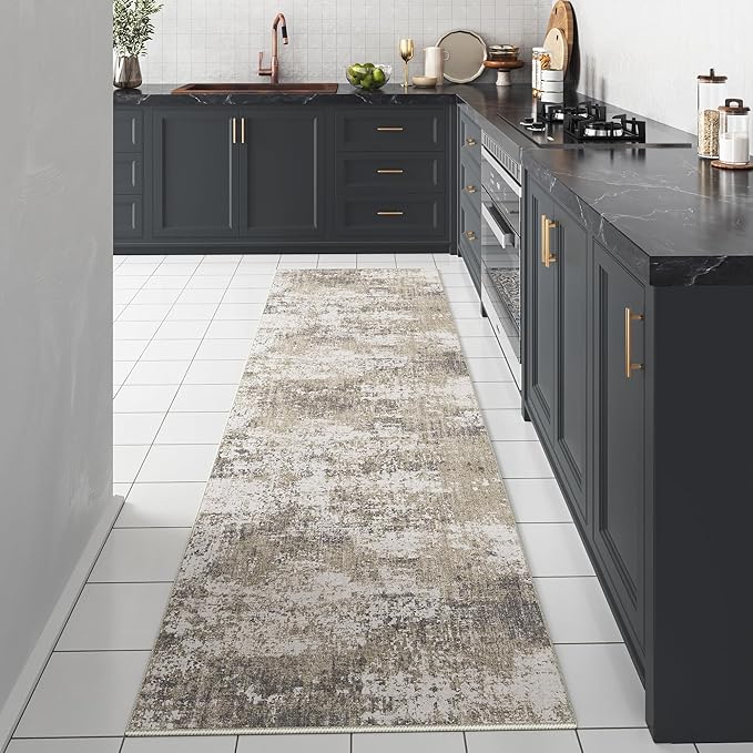 Modern Abstract Beige Gray Area Rug 2x6 Hallway Runner Machine Washable Carpet Bathroom Kitchen Indoor Accent Throw Low Pile Non Slip Distressed Laundry Living Dining Room Bedroom Office