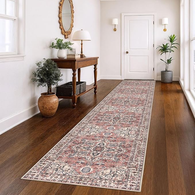 KOZYFLY Runners for Hallways 3x14 Ft Extra Long Washable Faux Wool Stair Thin Runner Rug Printed Hallway Carpet for Entryway Bedroom Stairs Kitchen Floor Accent, Terracotta/Beige