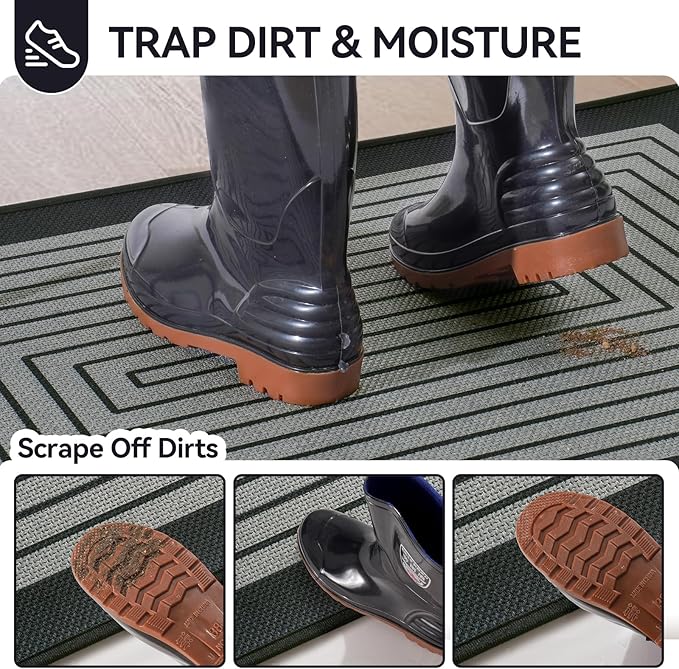 Front Door Mat 17''x30'', Absorbent Muddy Dirt Resist Washable Non Slip Low-Profile Indoor Doormat, Easy Clean Welcome Entryway Door Mats, Grey