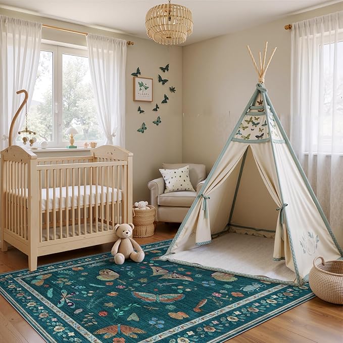 5x8 Insect Print Entryway Rug - Indoor Non-Slip Low Pile Machine Washable Bug Rug for Front Door, Living Room, Bedroom, Kitchen, Nursery, Laundry (5'x8' Teal)
