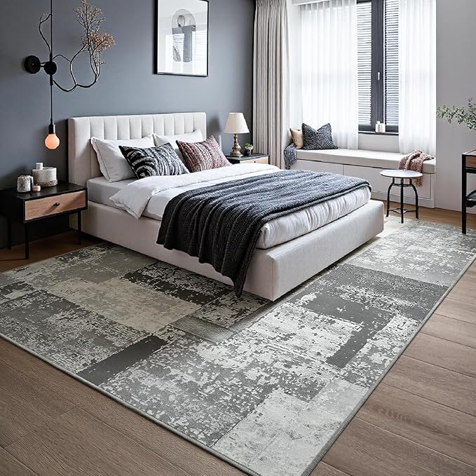 LOCHAS Rug for Living Room 6x9, Washable Soft Area Rugs for Bedroom, Abstract Carpet for Indoor Office Kids Dining Room Nursery Floor, Grey Geometric Vintage Home Decor, Non Slip, Pet Child Friendly