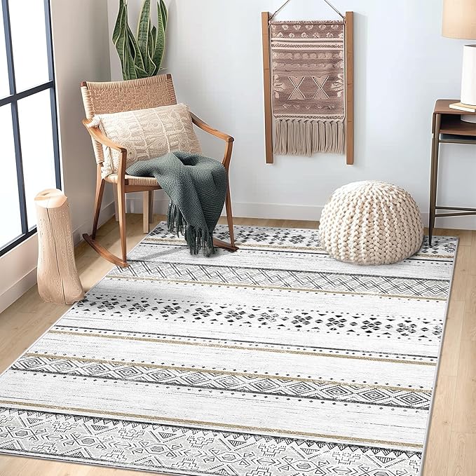 BESTSWEETIE 4x6 Area Rugs for Living Room Washable Moroccan Farmhouse Neutral Geometric Low Pile Non-Slip Soft Print Pattern Rug for Bedroom Kitchen Dining Room Entryway Black/Brown
