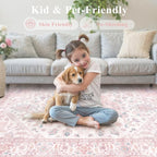 LIVEBOX Pink Washable Area Rug 8x10 - Large Vintage Tribal Living Room Rug Oriental for Bedroom, Non-Slip Retro Medallion Carpet Print Distressed for Dining Room Nursery Dorm Home Decor