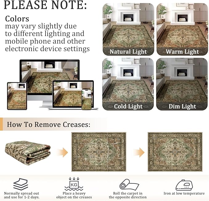 4x6 Machine Washable Area Rug for Living Room, Brown Green Boho Vintage Floral Rug Large Non-Slip Low Pile Soft Faux Wool Carpet, Kids and Pets Friendly for Bedroom Dining Room Farmhouse Decor Rug