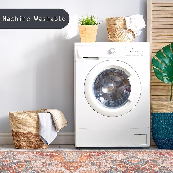 GLN Rugs Traditional Collection - Machine Washable Area Rug, Traditional Washable, Non Slip, Low Pile Chenille Rug, Living Room, Bedroom, Kitchen Rug (3' x 5' Cream/Terra)