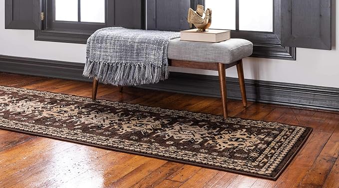 Unique Loom Taftan Collection Border Geometric Tribal Inspired Design Area Rug (3' 0 x 16' 5 Runner, Brown/ Tan)