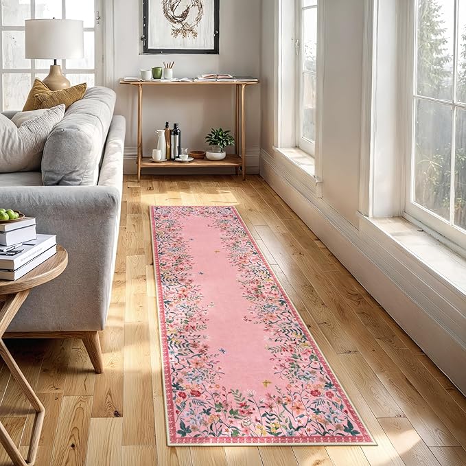 Lahome Boho Floral 2'6"x8 Pink Bathroom Runner Rugs Non Slip Washable,Soft Runners for Hallways,Indoor Carpet Runner with Rubber Backing for Entryway Kitchen Laundry(Pink,2'6"x8)