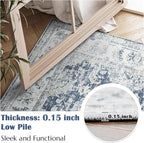 jinchan Fiora 10x12 Area Rugs for Living Room - Machine Washable Vintage Floral Distressed Design Stain Resistant Carpet Low Pile Non-Slip Large Rug for Bedroom Dining Room (10'x12', Dark Blue)