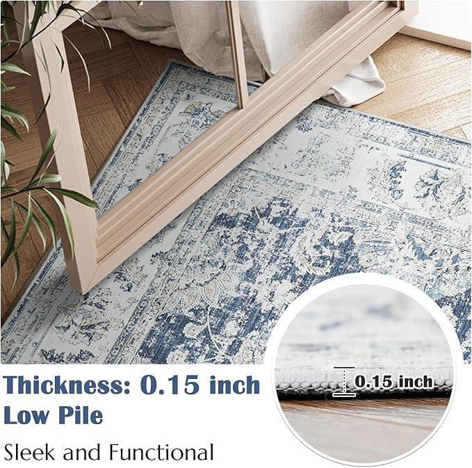 jinchan Vintage Floral 5x7 Area Rug for Bedroom - Machine Washable Distressed Design Stain Resistant Boho Carpet Ultra-Thin Low Pile Non-Slip Rug for Living Room Dining Room Kitchen (5‘x7', Dark Blue)