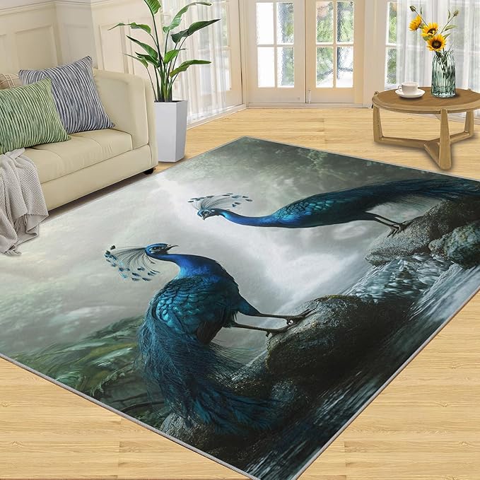 Peacock Rug 3x5-3x5 Rug, Peacock Couples Area Rugs for Bedroom, Nature Waterfall Rugs for Living Room, Animal Bird Washable Mat, Teal Turquoise Carpet - Peafowl Home Decor & Gifts