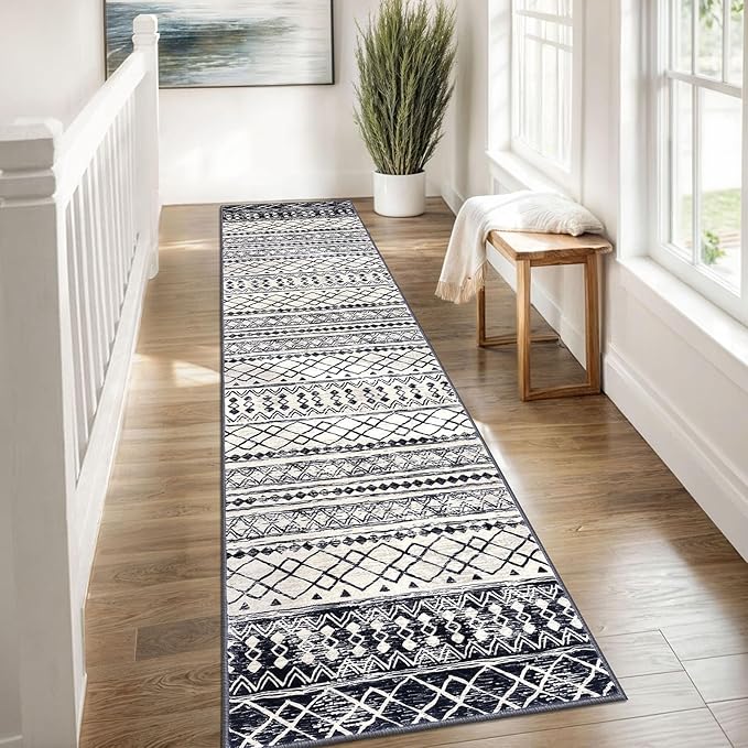 KUTA Moroccan Kitchen Rugs 2x8, Non-Slip Vintage Black Navy Blue Boho Hallway Runner Rug Ultra Soft Print Geometric Floor Carpet Runners for Bedroom Laundry Living Room