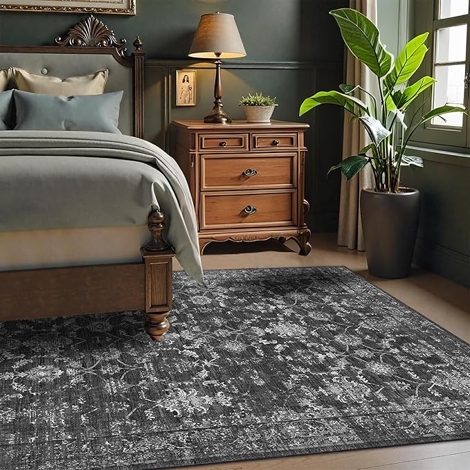 3x5 Washable Area Rugs for Living Room, Vintage Boho Large Rug for Bedroom Dining Room Office, Distressed Floral Print Carpet for Under Table, Soft Non Slip Low Pile Throw Carpet Indoor Mat, Black