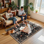 Area Rugs 4'x6' Washable Non-Slip, Floral Vintage Distress Print Pattern Medallion Carpet for Living Room Bedroom Dining Room, Black Colorful Floral Dark Tan