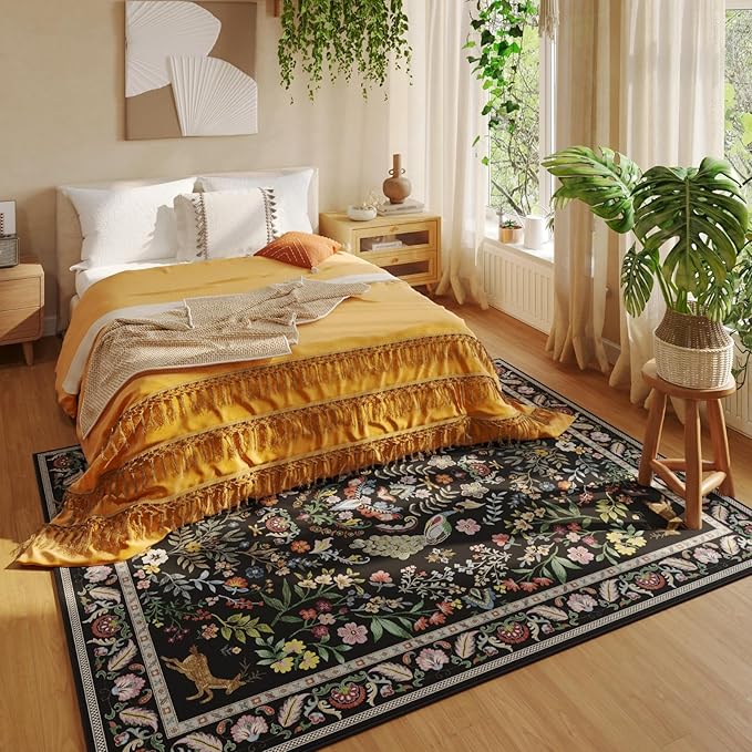 Rugcomf 9x12 Area Rugs for Living Room Washable Rug Floral Non-Slip Large Rug for Living Room, Bedroom, Farmhouse, Dining Room, Kids Playroom (Vibrant Black)