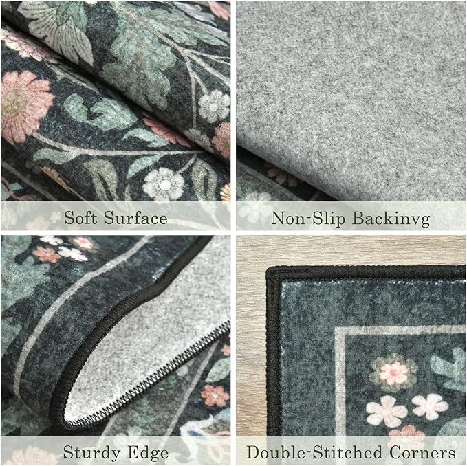 3x5 Washable Area Rug Floral Dark Green Entryway Small Rug Vintage Forest Low Pile Non Slip Stain Resistance Soft Carpet for Kitchen, Bedroom Beside, Laundry Room, Office Rug, Kids Room, Nursery Room