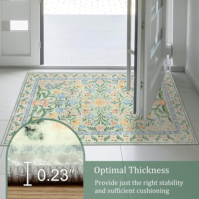 Morebes Washable Area Rugs 5x7 for Living Room, Boho Floral Green and Pink Nursery Rug Non Slip, Soft Vintage Flower Indoor Floor Carpet for Bedroom Dining Room, Sage Green