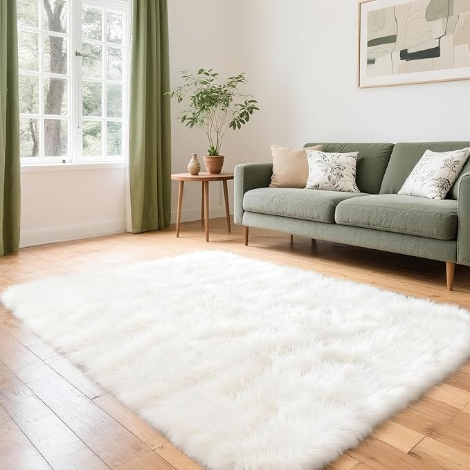 4x6 Solid Fluffy White Area Rug – Washable, Durable, Living Room Rug, Non-Slip High Pile Shag Rugs for Bedroom, Living Room, Bedside, Dorms, Nursery Rooms, Kids Room, Soft Indoor Floor Carpet