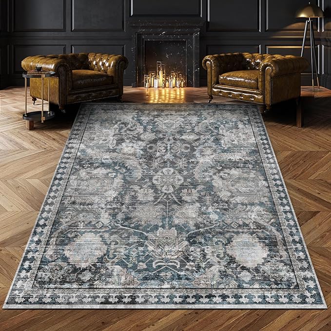 RUGSURE Washable Area Rugs - Perfect for Living Room, Bedroom, Kids Room, Nursery - Stain & Water Resistant Non-Slip, Pet & Child Friendly, Vintage Tribal Area Rugs (Grey and Blue, 5' x 7')