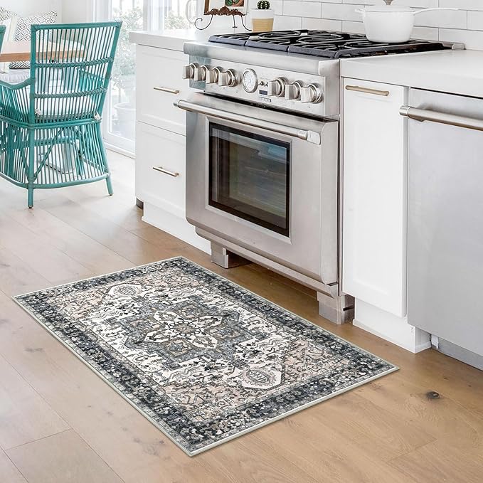 KOZYFLY Small Area Rug 2x3 Ft Rugs for Entryway Washable Boho Entry Rug Non Slip Door Mat Indoor Entrance Faux Wool Vintage Printed Kitchen Rug Throw Rugs for Entrance Kitchen, Black/Taupe/Beige