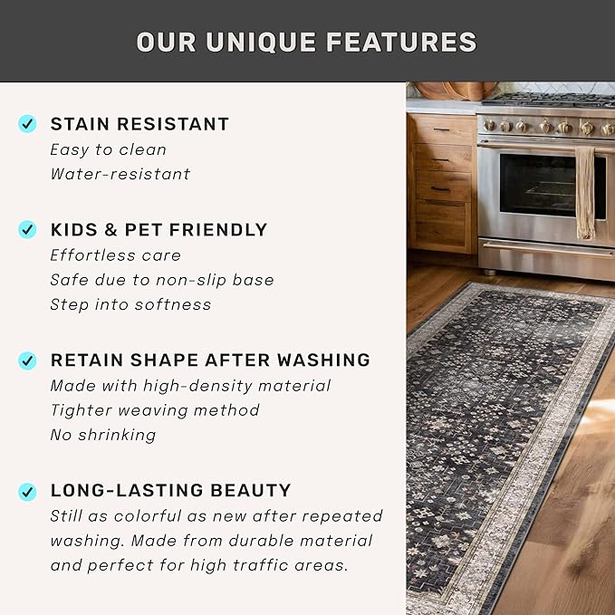 Black Washable 8ft Long Runners for Hallways, 2x8 Kitchen Runner Rug, Entryway Indoor Runner for Bathroom, Non Slip Boho Vintage Floor Décor for High Traffic Area