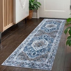 KOZYFLY Runners for Hallways 2x5 Ft Washable Kitchen Runner Rug Boho Runner Rug for Entryway Indoor Blue Printed Oriental Faux Wool Floor Carpet Runner for Laundry Room Kitchen Hall
