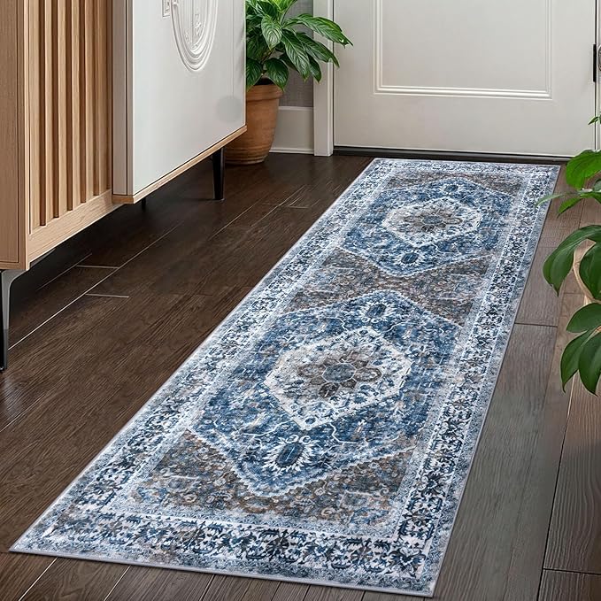 KOZYFLY Runners for Hallways 2x5 Ft Washable Kitchen Runner Rug Boho Runner Rug for Entryway Indoor Blue Printed Oriental Faux Wool Floor Carpet Runner for Laundry Room Kitchen Hall