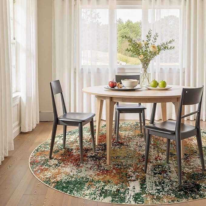 Washable Area Rugs 4ft Non-Slip Modern Abstract Soft for Living Room Entryway Bedroom Nursery, Print Pattern, Green Orange Rust Red Cream Colorful
