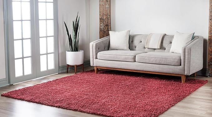 Unique Loom Davos Shag Collection Area Rug - Solid (3' 3" Square, Poppy)