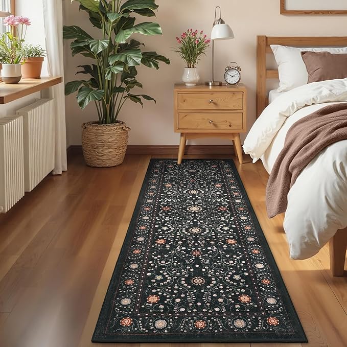 GarveeHome Boho 2x6 Runner Rug for Hallways Non Slip, Vintage Botanical Kitchen Rugs Washable Area Rug for Entryway Stain Resistant, Low Pile Soft Runner Black Carpet for Bedroom Floor Laundry Room